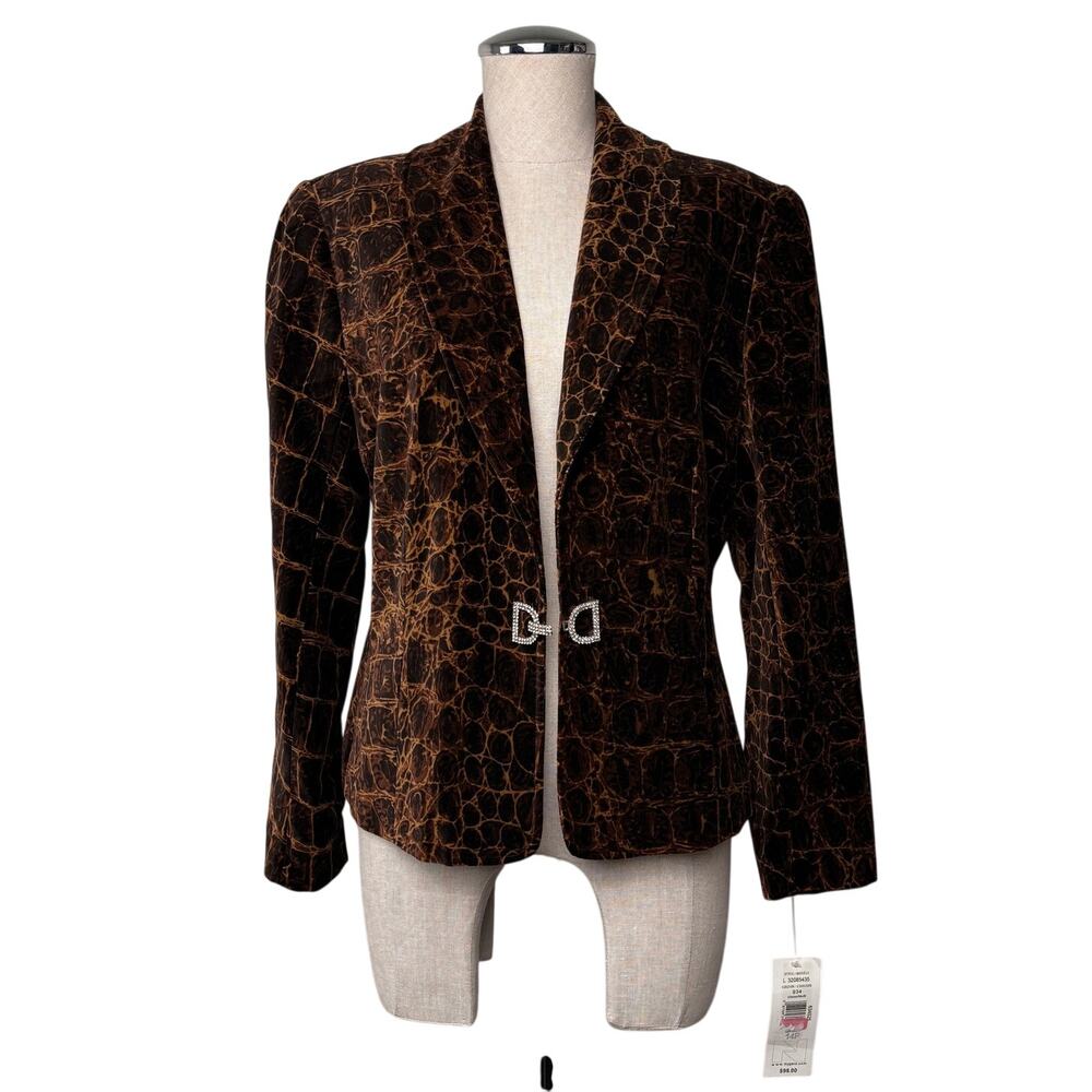 Vintage Animal Croc Print Velvet Blazer Brown Tan Nygard Petite Jacket Y2K